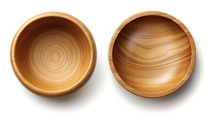 Top View and Side View of an Empty Wooden Bowl Isolated on White Background