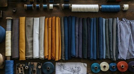 A flat lay of a tailor's desk featuring cut khadi fabric pieces, thread spools, and sewing patterns.