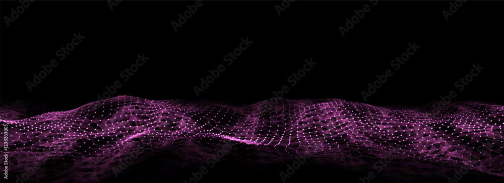 Poster vector digital technology wave. dark cyberspace with purple motion dots and lines. futuristic digita
