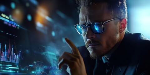 Businessman using futuristic interface with graphs and data analysis
