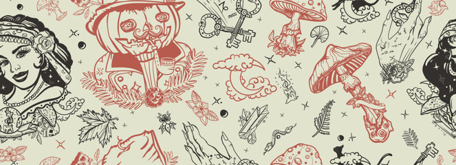 Naklejka premium Dark gothic fairy tale background. Traditional tattooing style. Witch woman, gypsy, crystal ball, Jack O' Lantern, occult hands and black cats. Halloween seamless pattern