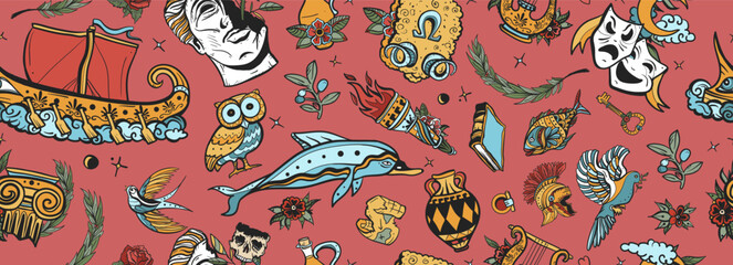 Ancient Greece. Historical myths heroes and legends background. Old school tattoo style. Head statue, old boat, olive, golden fleece. Seamless pattern