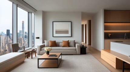 Luxurious Penthouse Suite Featuring Panoramic Views of the Captivating City Skyline from Expansive Floor to Ceiling Windows