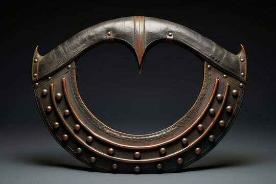 Studio shot of a kpinga, a traditional throwing knife of the zande people of africa, featuring intricate leather and metal details