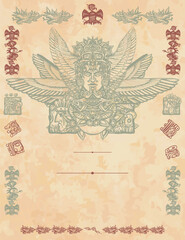 Ancient civilization background. Aztecs, Incas. Historical frame, tribal ornaments and old paper