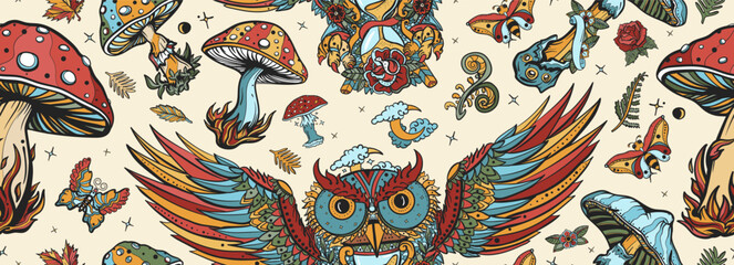 Mushrooms and owls. Fly agaric. Autumn magic forest. Fall background. Old school tattoo vector seamless pattern