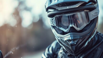 A person wearing a motorcycle helmet and goggles, looking directly at the camera.