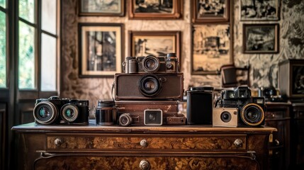 Vintage cameras arranged on an antique wooden table in a room with framed prints.