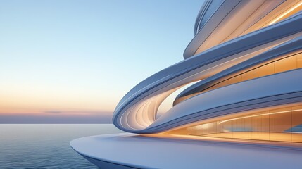 Ultrafuturistic skyscraper, curved glass facade, hightech design, 3D illustration