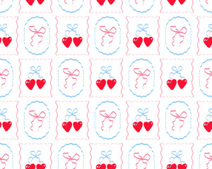 Romantic seamless mosaic pattern with heart cherry, ribbon bows. Lovely elegant background for birthday greeting card, wedding invitation, poster, wrapping cover, banner, sticker. Fabric textile print