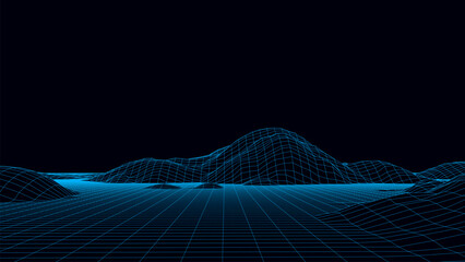 Technology perspective grid with mountain landscape background. Vector digital space wireframe landscape. Blue mesh on a black background