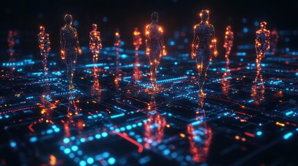 Fototapeta premium Digital Humans Walking Circuit Board Network