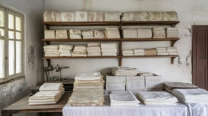A tailor's workspace with unfinished khadi fabric projects, showcasing raw materials and tools.