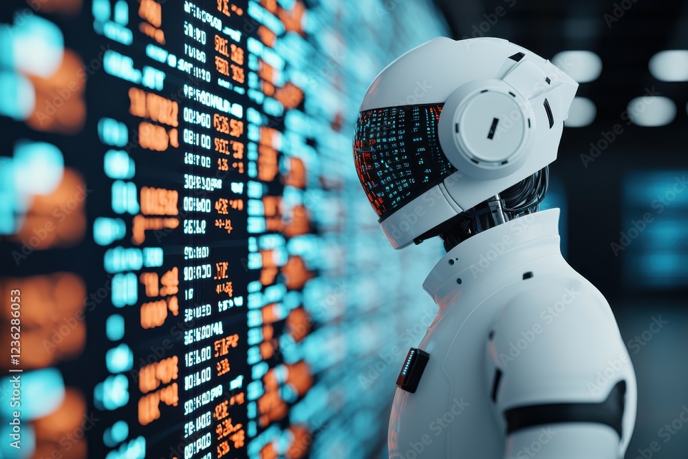 Aufkleber robotic assistant analyzing market data and financial analytics on digital monitor futuristic ai pow