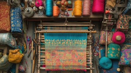 A traditional handloom weaving khadi fabric, surrounded by tailoring tools and materials.