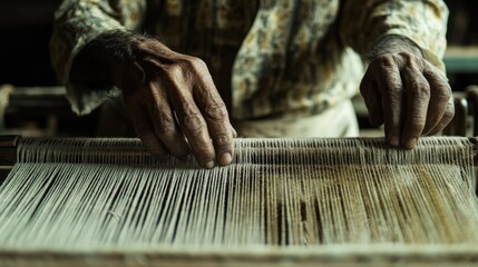 A traditional handloom weaving khadi fabric, surrounded by tailoring tools and materials.