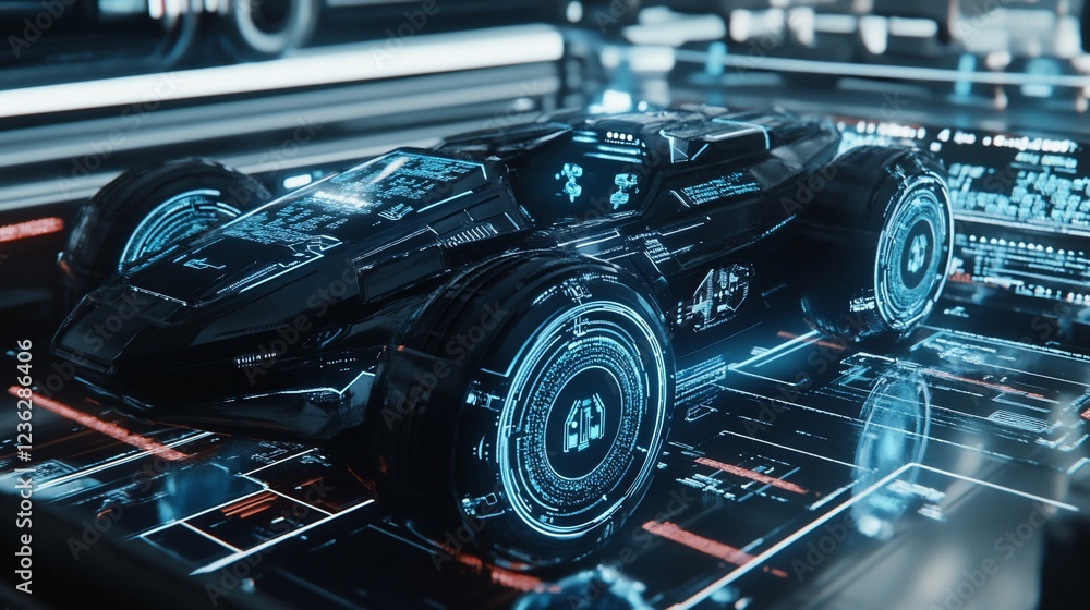 Poster futuristic black vehicle with digital display and circular wheel design in a dark setting