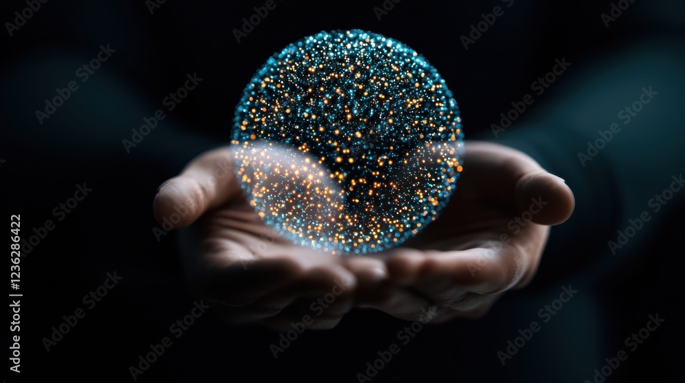 Poster luminous digital sphere glowing and pulsing with energy resting in the cupped hands of an abstract f