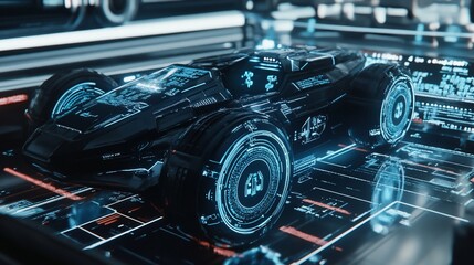 Obraz premium Futuristic Black Vehicle with Digital Display and Circular Wheel Design in a Dark Setting