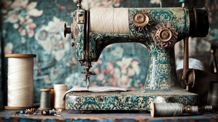 A vintage sewing machine stitching khadi fabric, with spools of thread and needles nearby.