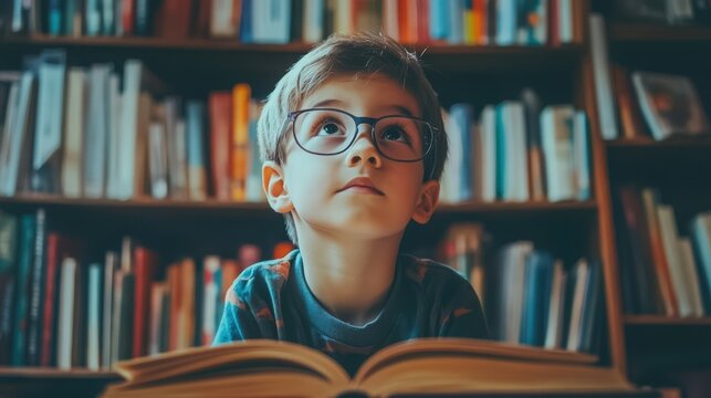 Young boy with glasses lost in thought while reading in a library full of books