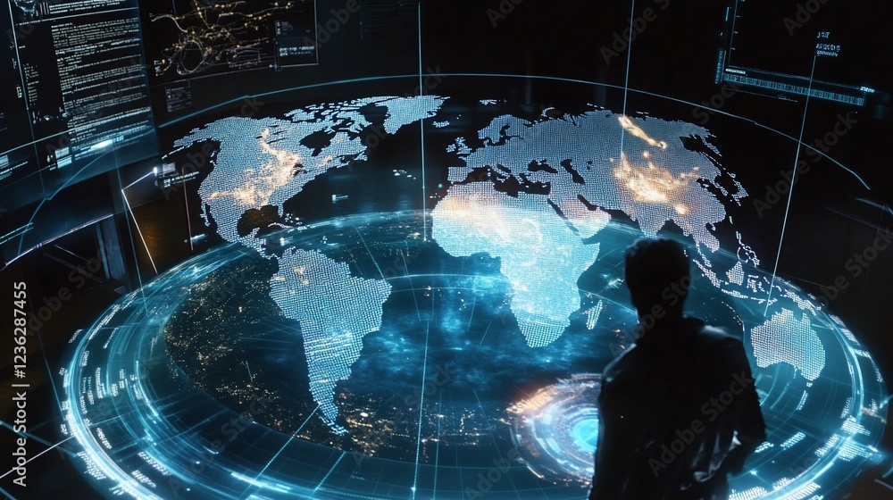 Poster person viewing futuristic global data map on multiple screens in a dark room