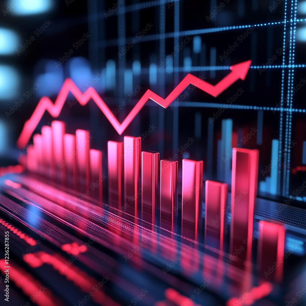 Poster a digital bar chart with an upward trending red line, symbolizing data growth, business success, or 