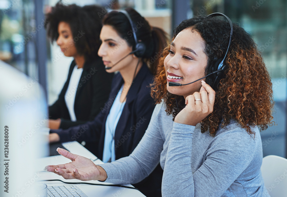 Poster customer support, call center and happy woman on computer in office for talking, communication and c