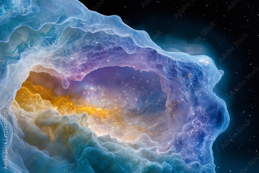 Poster nebula energy radiates across space, glowing currents swirl into clouds. golden hues merge into cosm