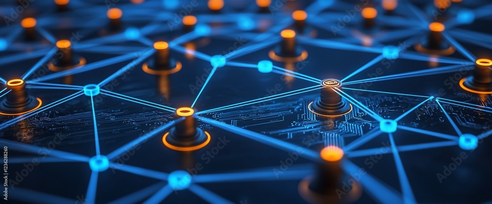 Poster abstract network connection nodes glowing.