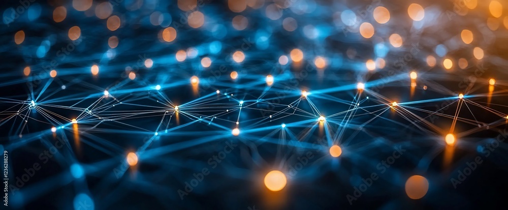 Poster Abstract network connection. Glowing nodes and lines forming a complex web.