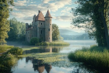 Serene castle by the lakeside surrounded by lush greenery at dawn in peaceful nature