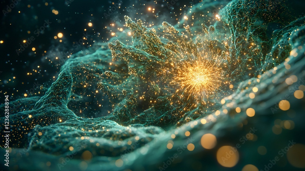 Poster abstract teal and gold particle explosion.