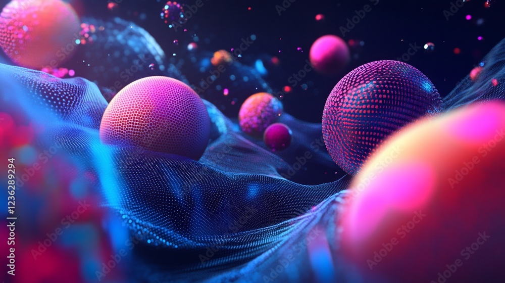 Poster abstract digital landscape with glowing spheres and network mesh in dark space