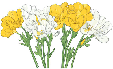 Sketchy engraving style Freesia flowers, bright yellow and white with green stems, elegant floral artwork, spring flowers, yellow blossoms, fine art sketches