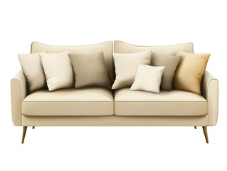 Obraz premium Beige modern sofa with pillows, Modern living room interior, Beautiful pillow decoration on sofa in living room, fabric sofa, Modern sofa living room interior minimalist, transparent background