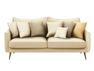 Beige modern sofa with pillows, Modern living room interior, Beautiful pillow decoration on sofa in living room, fabric sofa, Modern sofa living room interior minimalist, transparent background