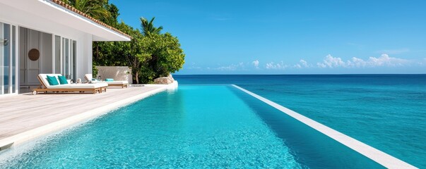 Fototapeta premium Stunning infinity pool at a clifftop luxury villa resort offering breathtaking views of the turquoise ocean and horizon This tranquil oasis provides the ultimate relaxation and escape