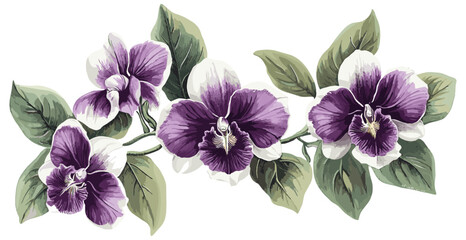 Deep purple white orchid, vintage engraving style illustration with green leaves