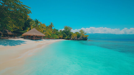 Fototapeta premium Serene tropical beach scene in a paradise setting with crystal clear waters and lush greenery