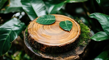 Lush leaves on wood slice, jungle backdrop, spa treatment