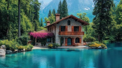 Lakeside stone villa, mountains, tranquil scene, vacation rental