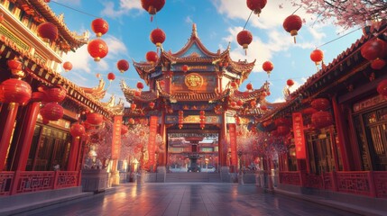 A grand Chinese temple decorated with lanterns and banners celebrating the arrival of the Lunar New Year