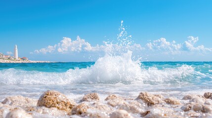 Obraz premium Coastal wave splash, lighthouse background, sunny day, travel