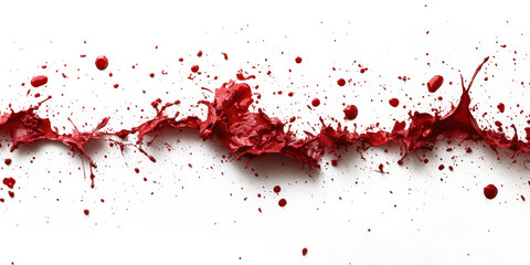 blood splash on boundary frame of rough white paper isolate on white, red shade, flat lay composition,