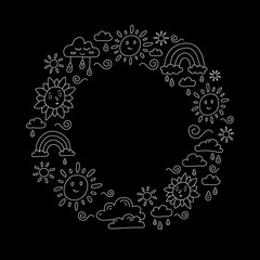 Circle frame with cute sun, clouds and rainbows