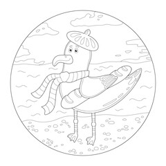 Seagull in beret on the beach