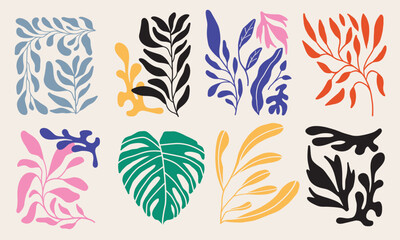 Collection of flowers and leaves. Abstract Cubism style vector illustration. Wildflowers and herbs isolated graphics. 
