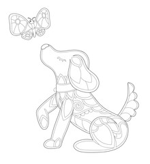 Coloring page with cute puppy and butterfly