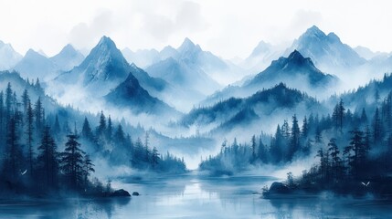 Obraz premium Misty mountain lake serene landscape, calm water, fog, forest, print